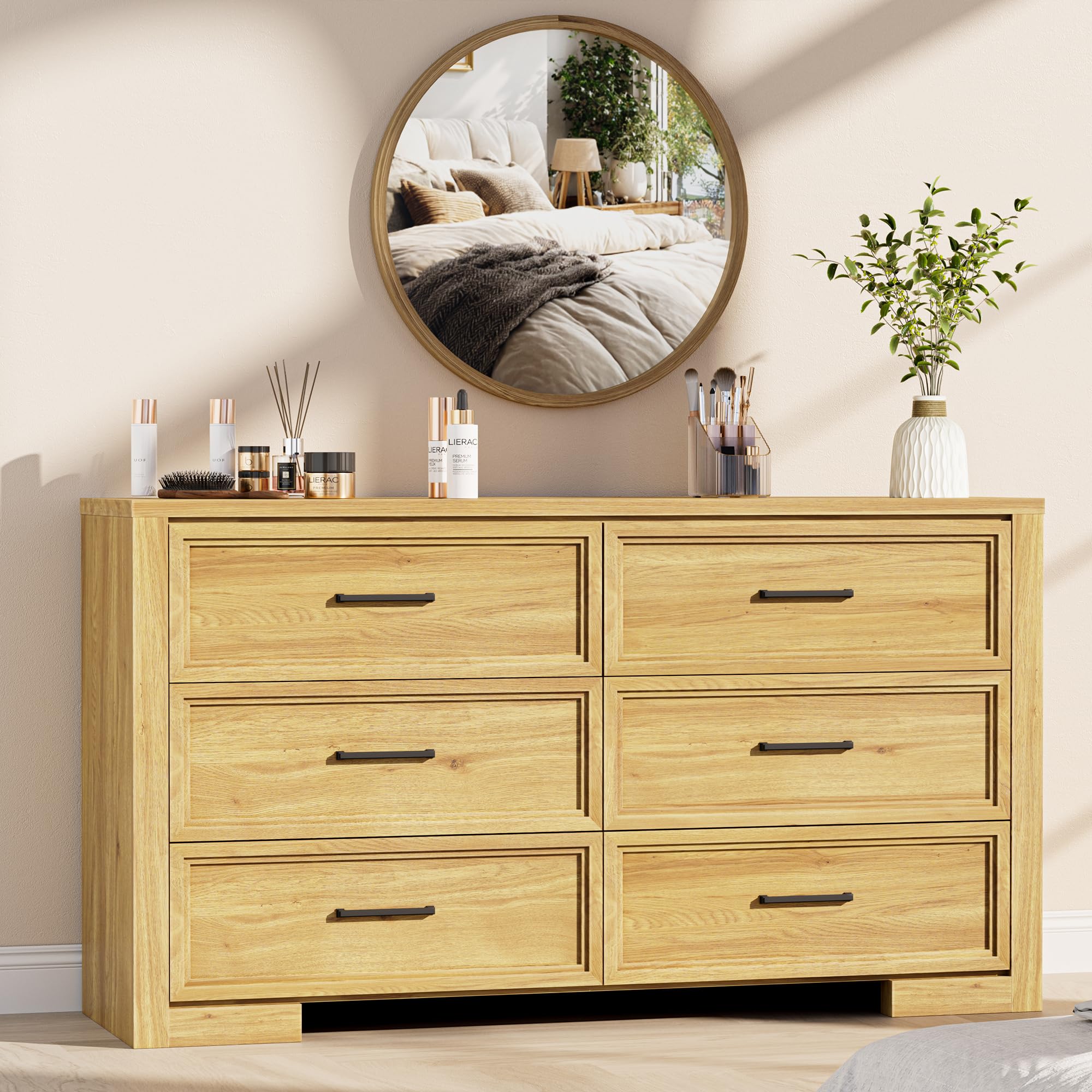 6 Drawer Dresser with Metal Handle - Natural Oak