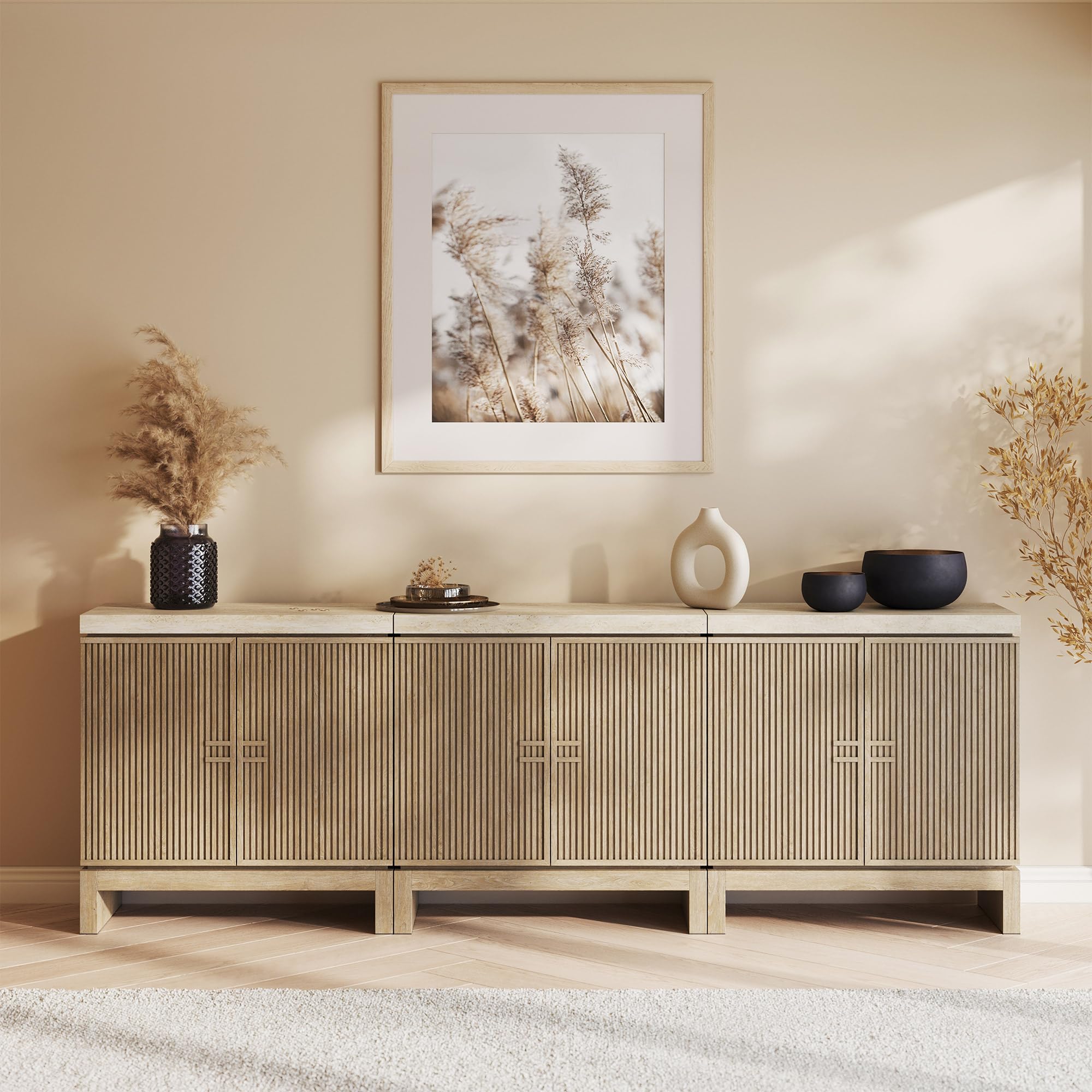 Travertine Sideboard Buffet Cabinet with Fluted Doors