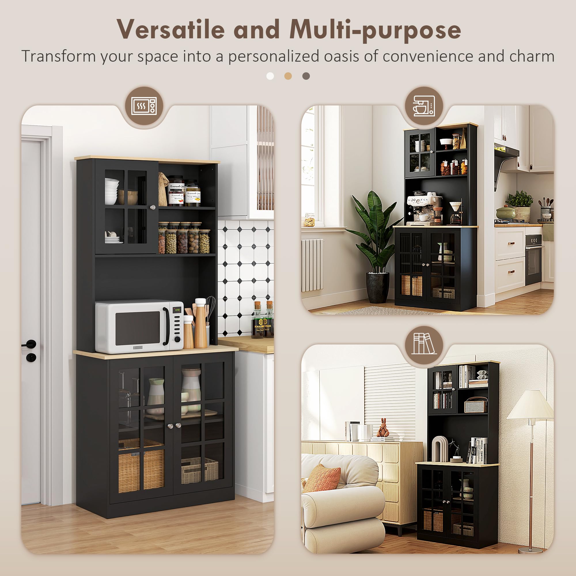 Kitchen Pantry Storage Cabinet 72" with Glass Doors