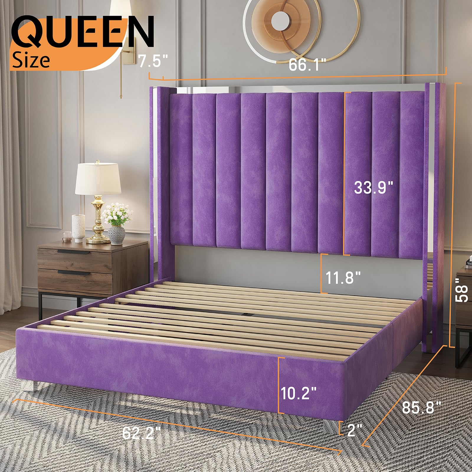 Purple Velvet Queen Bed Frame with 58" Wingback Headboard