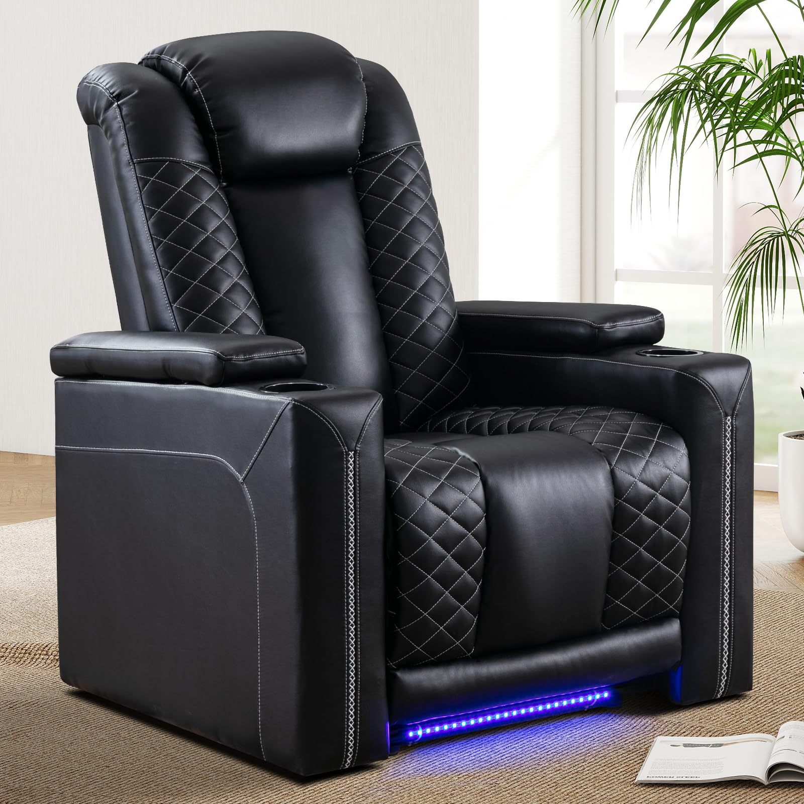 IOMOR Home Theater Seating with USB Ports and Cup Holders, Overstuffed Faux Leather Electric Power Recliner Chair with Hidden Arm Storage, Ambient Lighting (1, Black+Lighting)