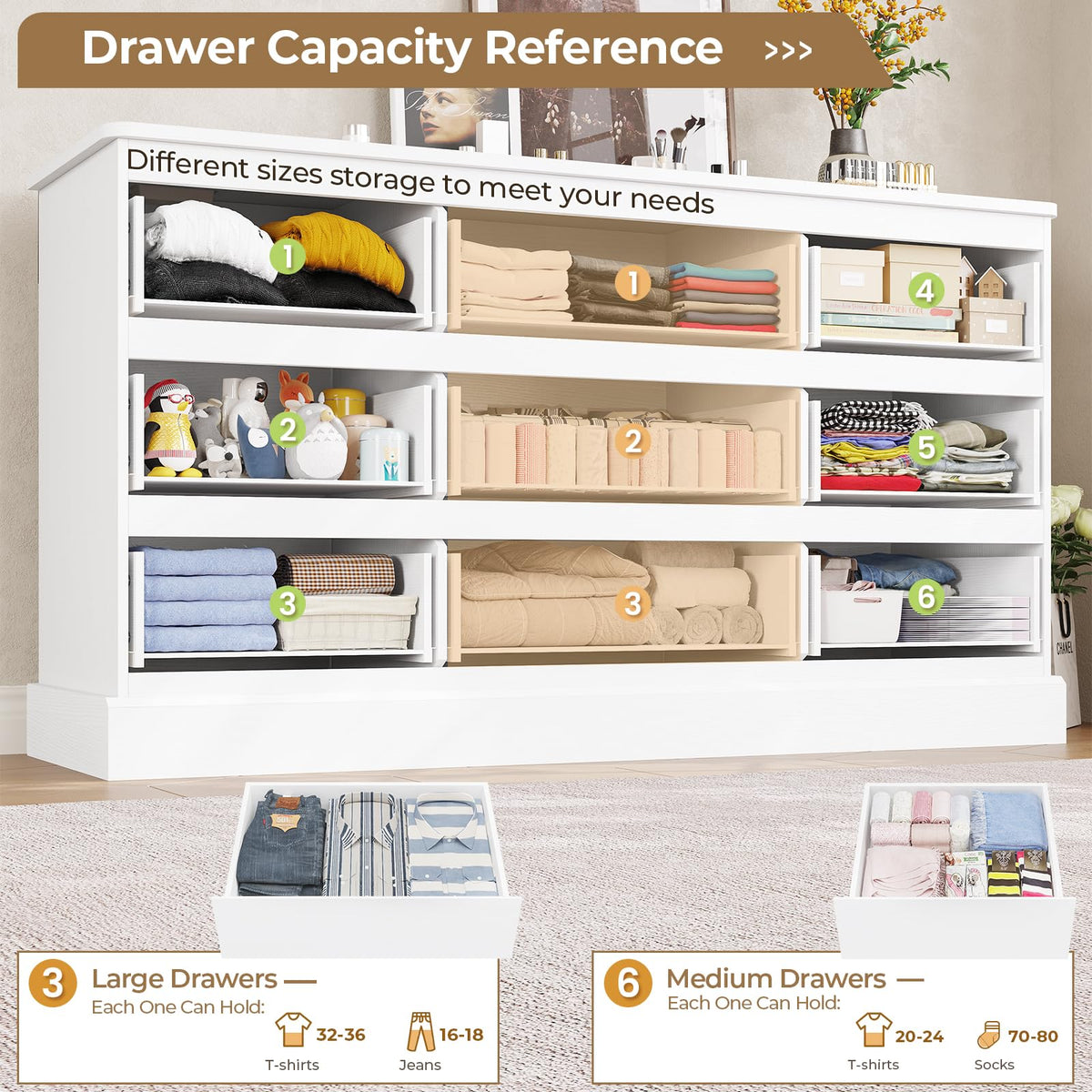 Modern White Dresser with 9 Drawers and Power Outlets