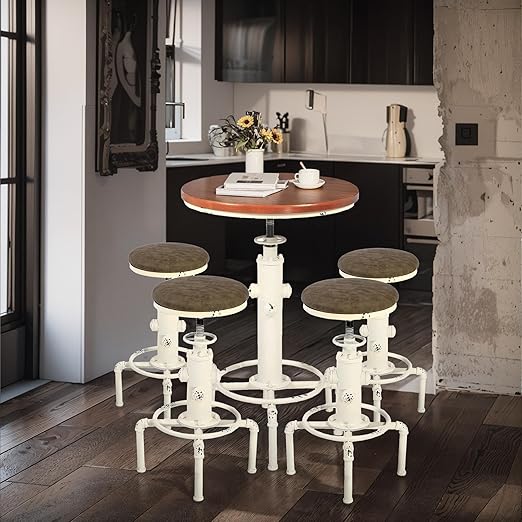 5 Piece Industrial Pub Bar Set with Height Adjustable Table and Stools