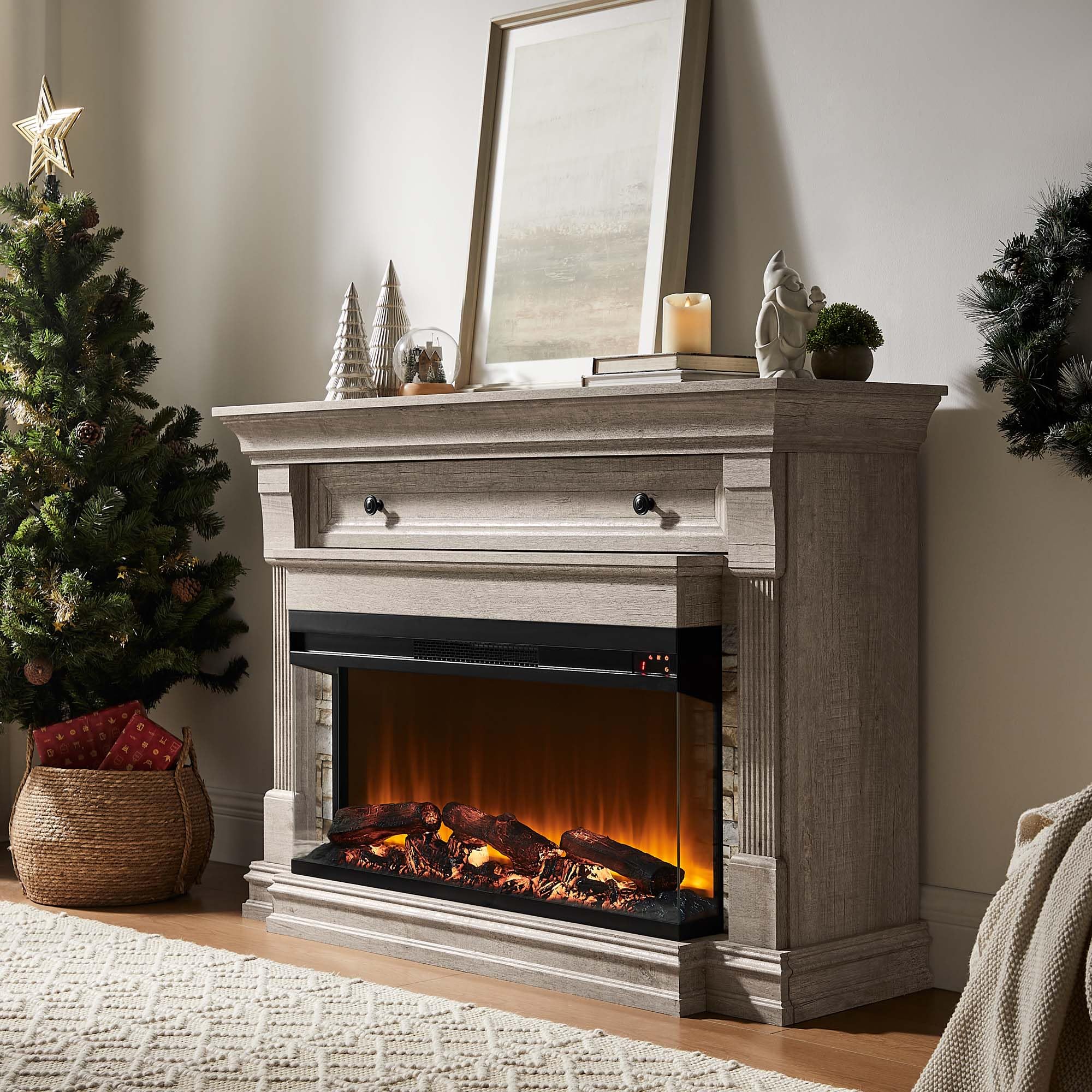 52" Electric Fireplace TV Stand with 3-Sided Glass Insert and Hidden Storage