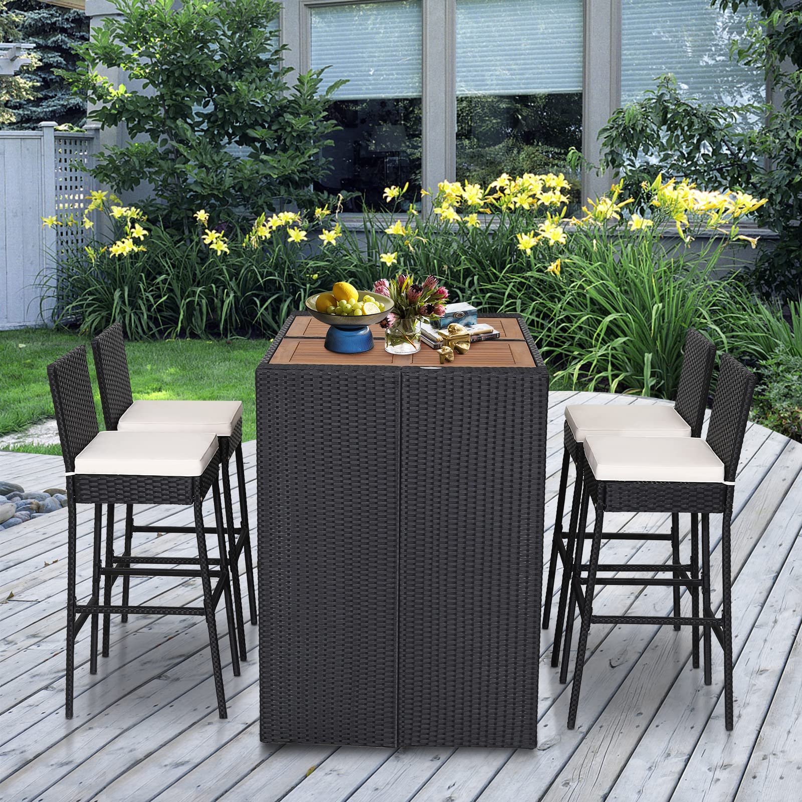 5 Piece Outdoor Bar Set with Acacia Wood Table and Rattan Stools