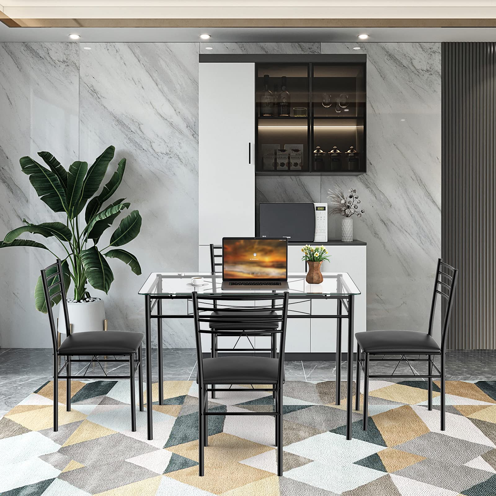 5-Piece Dining Set with Tempered Glass Table