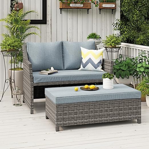 2-Piece Outdoor Wicker Loveseat and Coffee Table Set with Storage