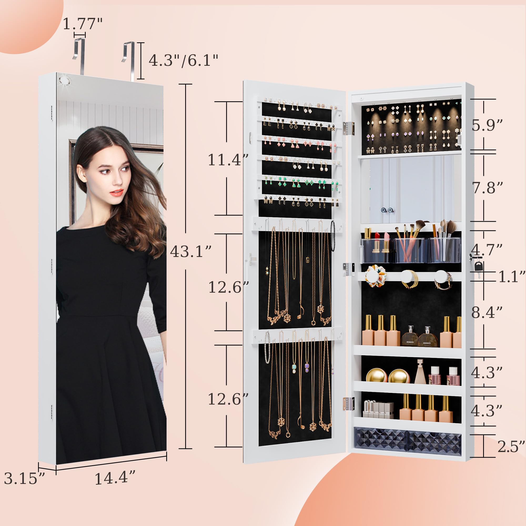 Wall Mounted Mirror Jewelry Cabinet with LED Lights