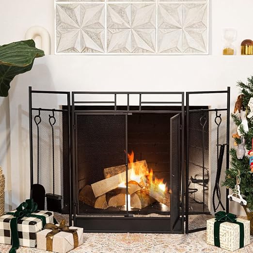3-Panel Folding Fireplace Screen with Tools