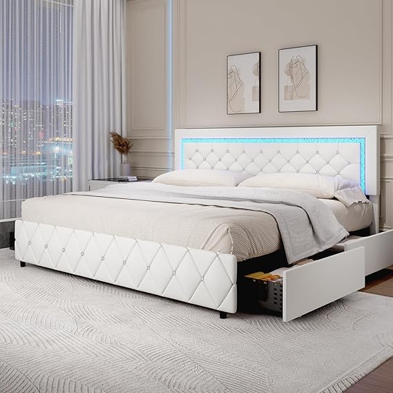 Queen LED Bed Frame with Storage Drawers