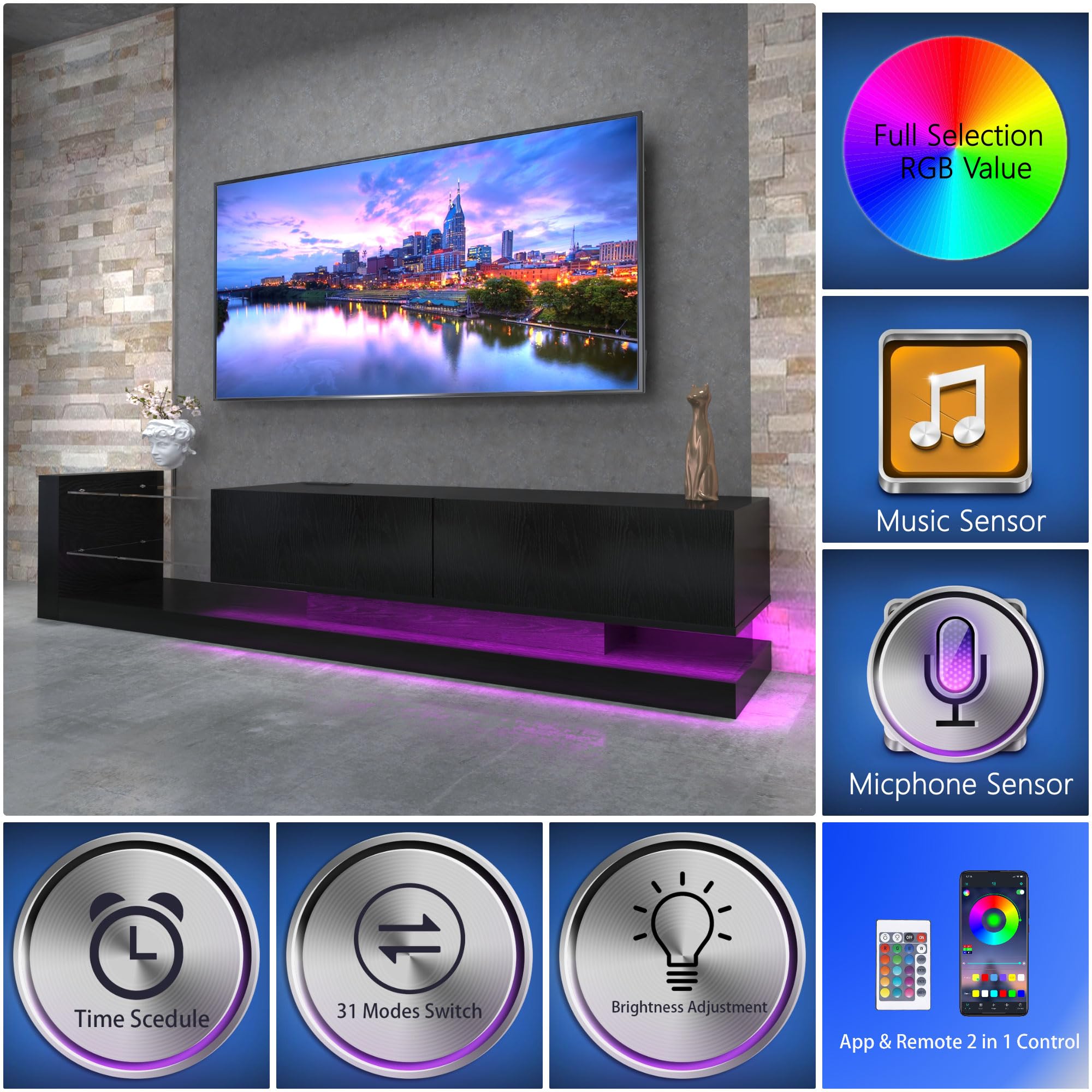 LED TV Stand with Asymmetrical Design and Tempered Glass Shelves
