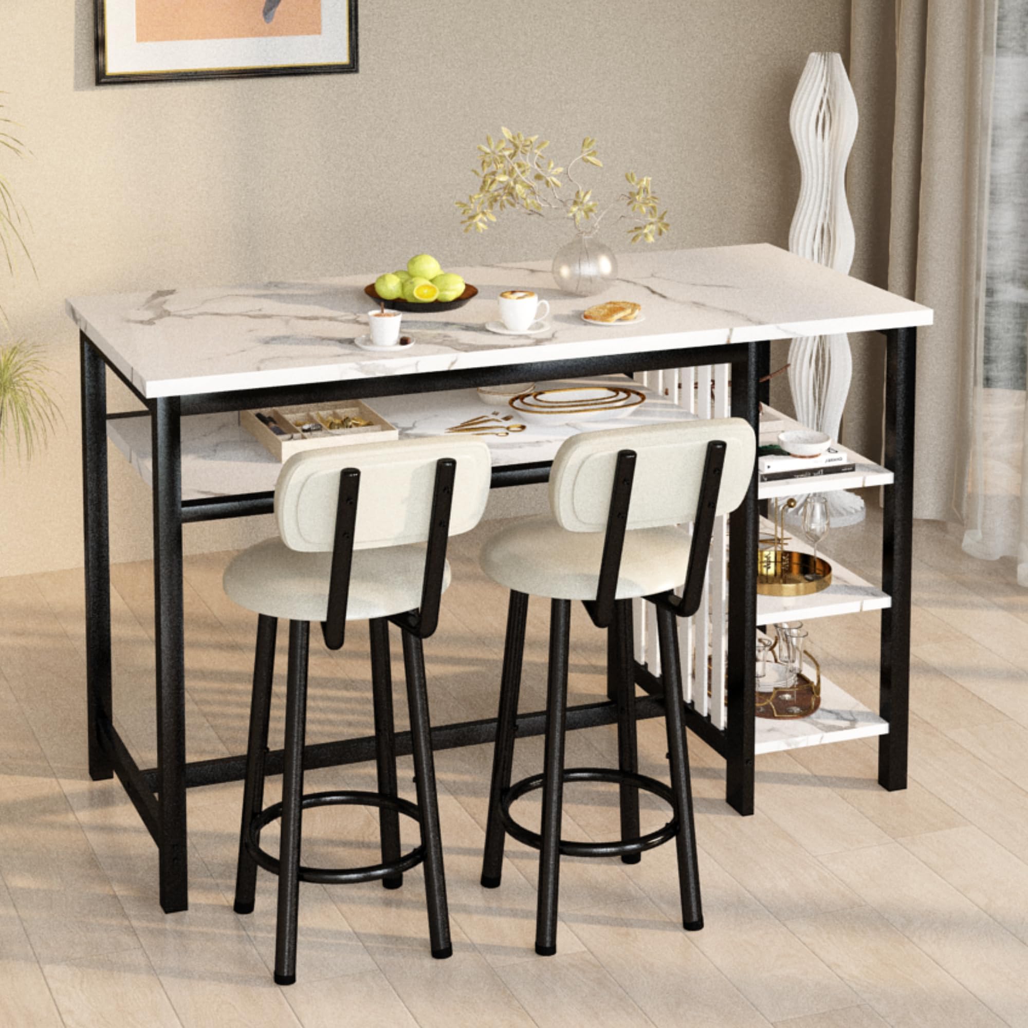 3-Piece Bar Table and Chairs Set with Storage Shelves