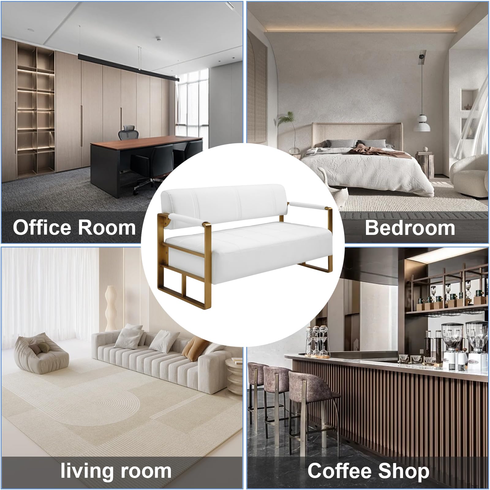 White Faux Leather Loveseat with Gold Metal Armrests