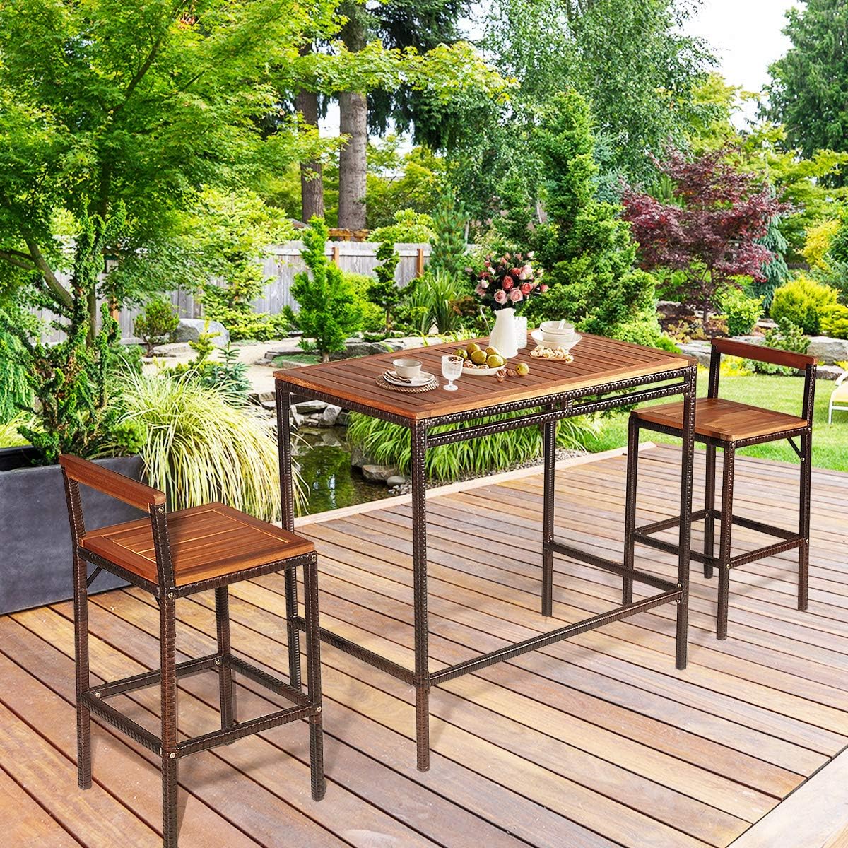 3-Piece Outdoor Rattan Bar Set with Acacia Wood