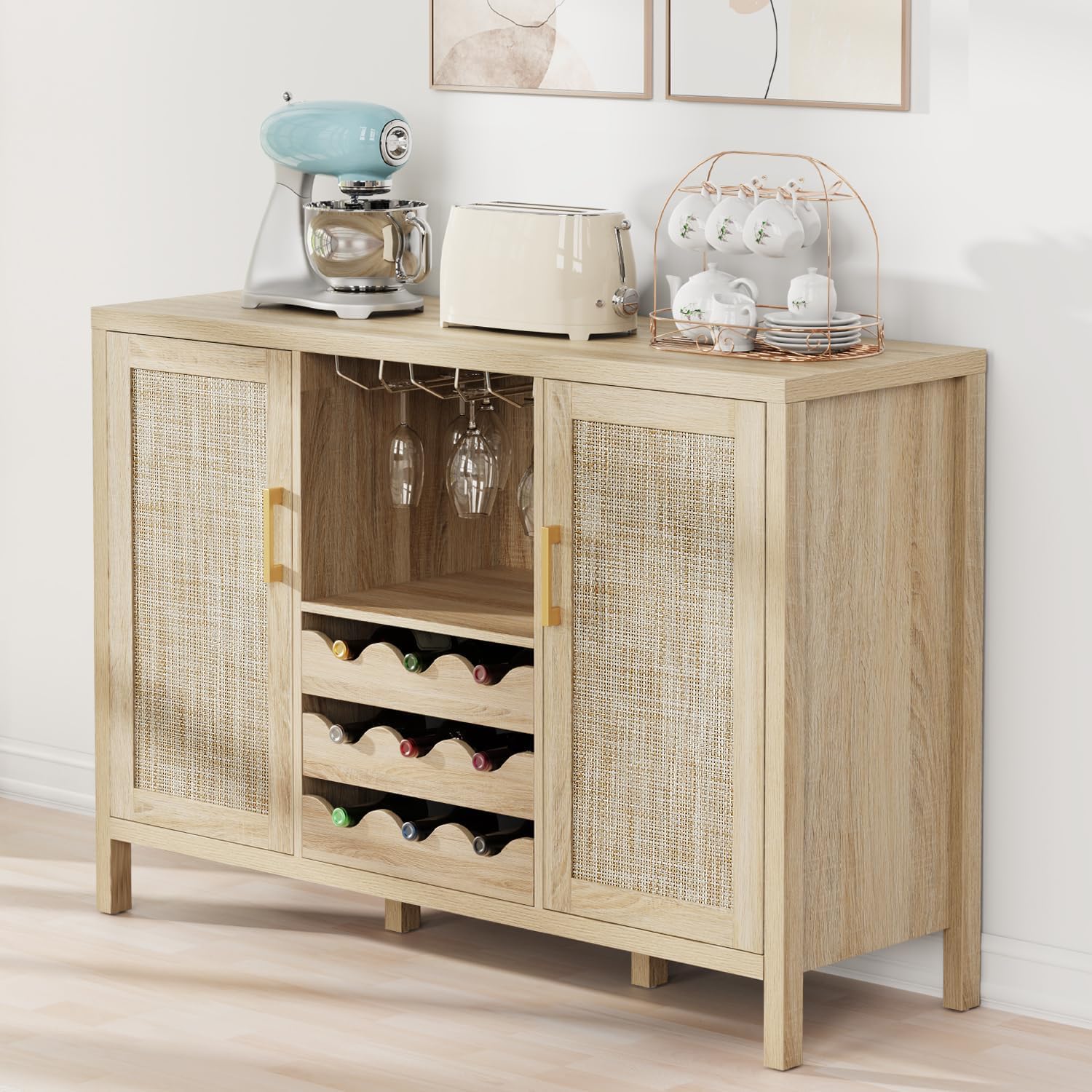 Rattan Wine Bar Cabinet with Glass Holder