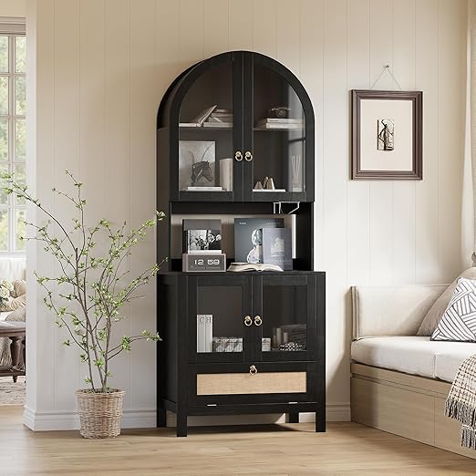 75" Tall Arched Pantry Cabinet with Glass Door