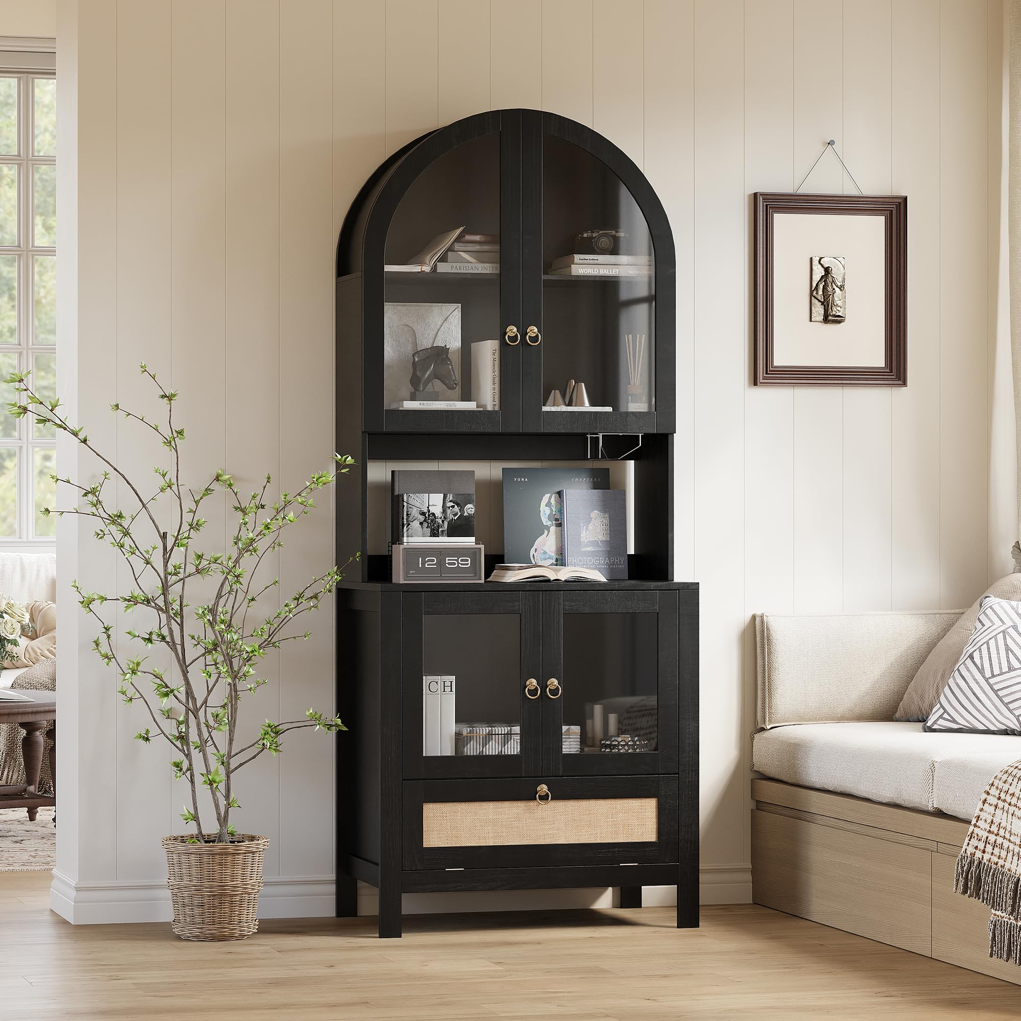75" Tall Arched Pantry Cabinet with Glass Door