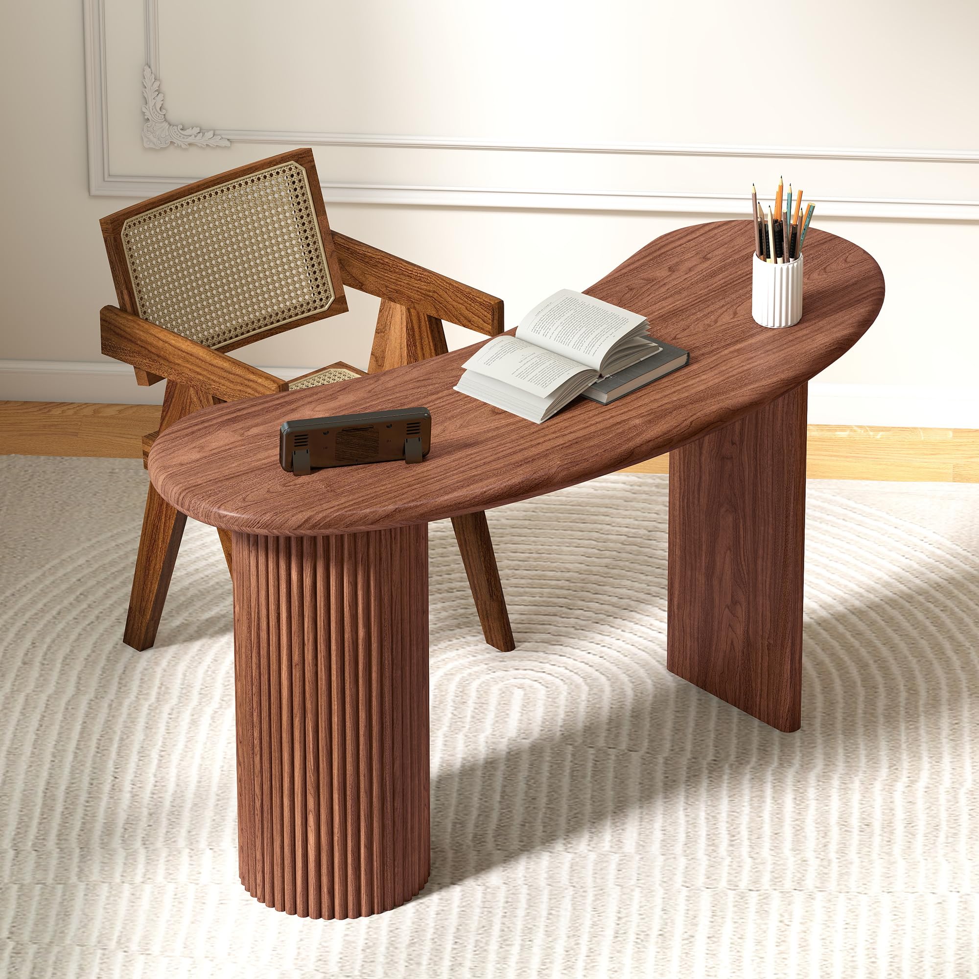 Curved Wooden Computer Desk with Fluted Legs