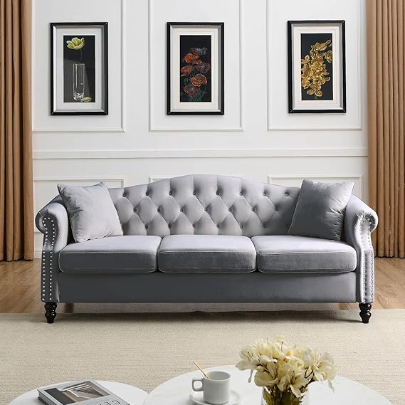 Velvet Chesterfield Sofa 3 Seater White