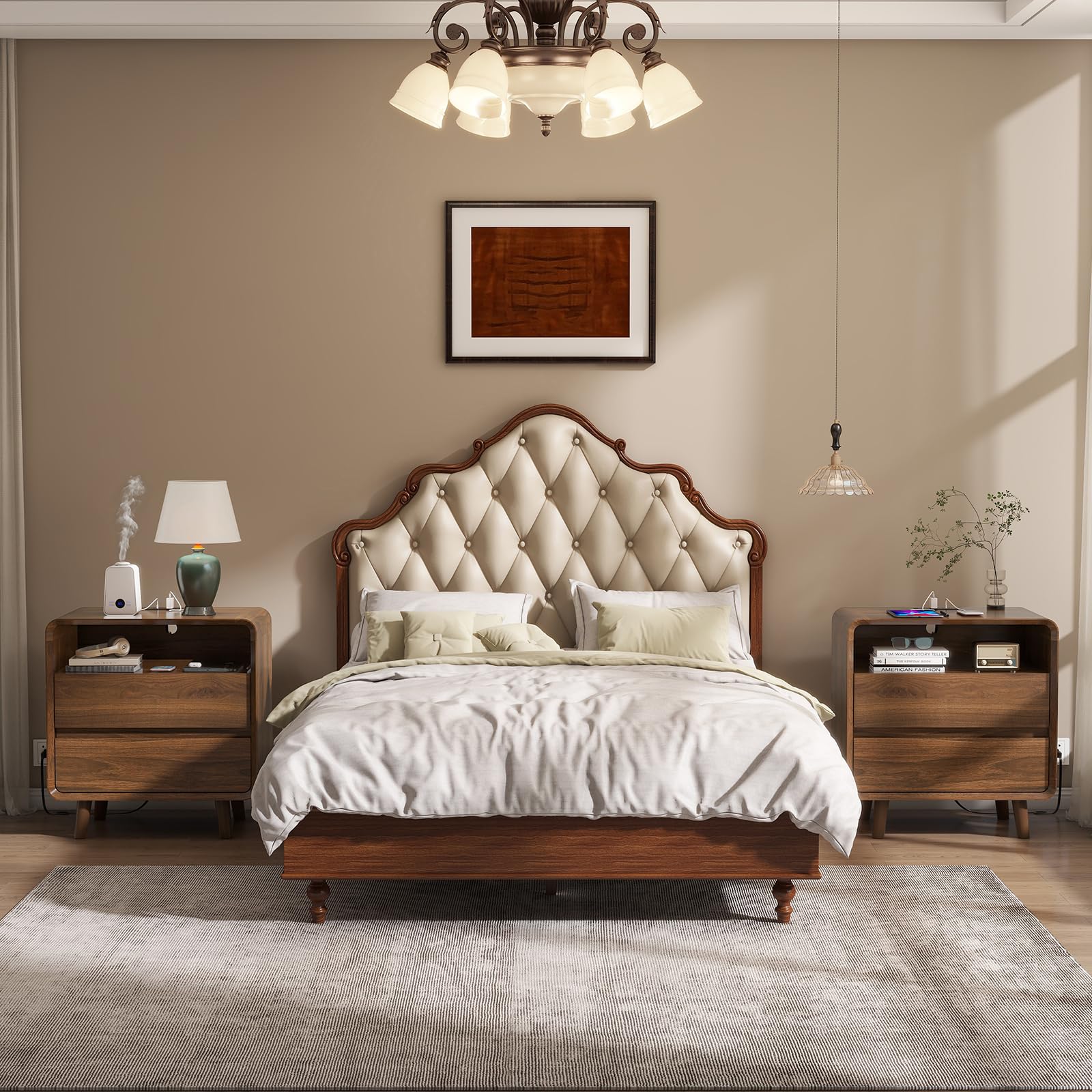 Mid Century Modern Nightstand Set of 2 with Charging Station