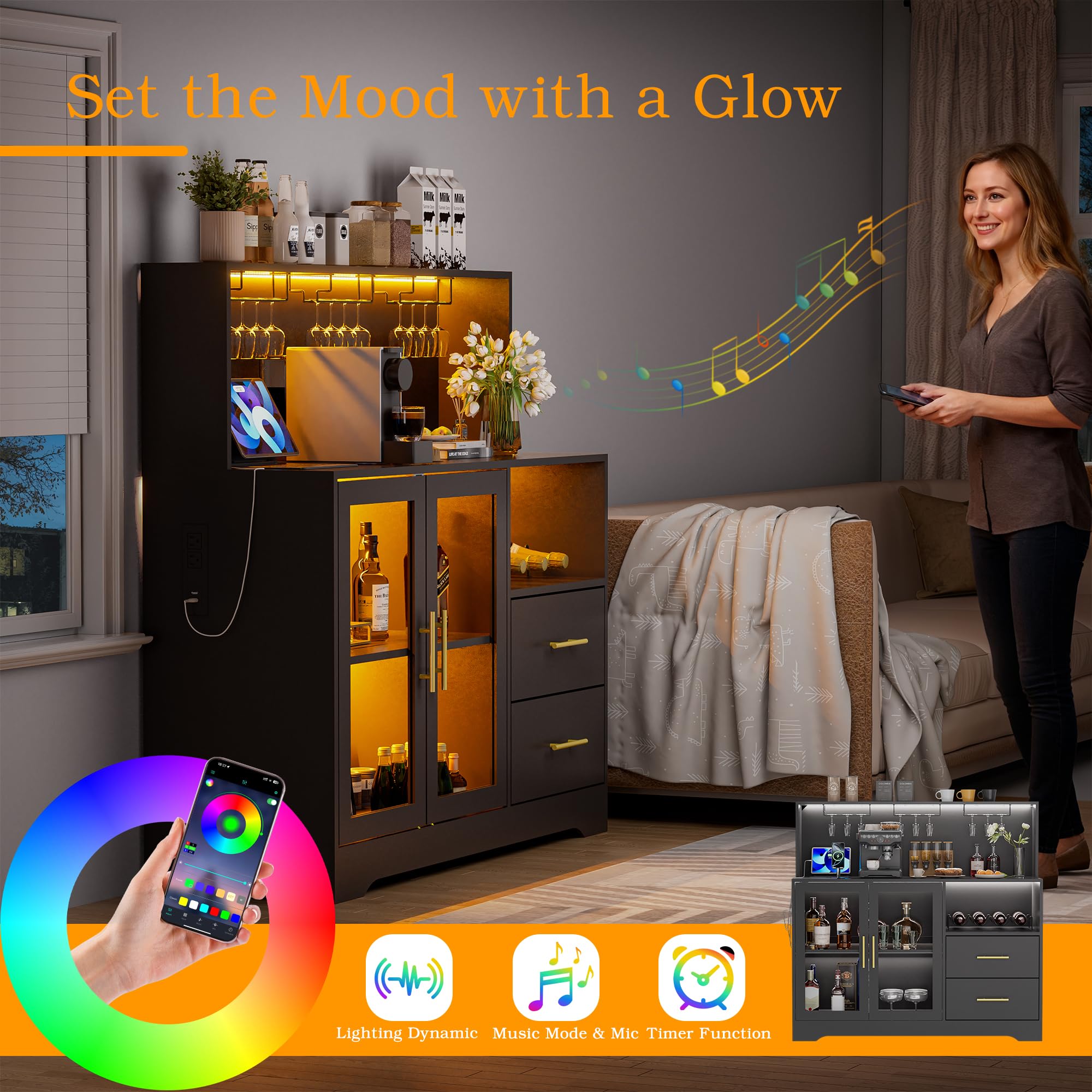 RGB LED Bar Cabinet with Wine Rack