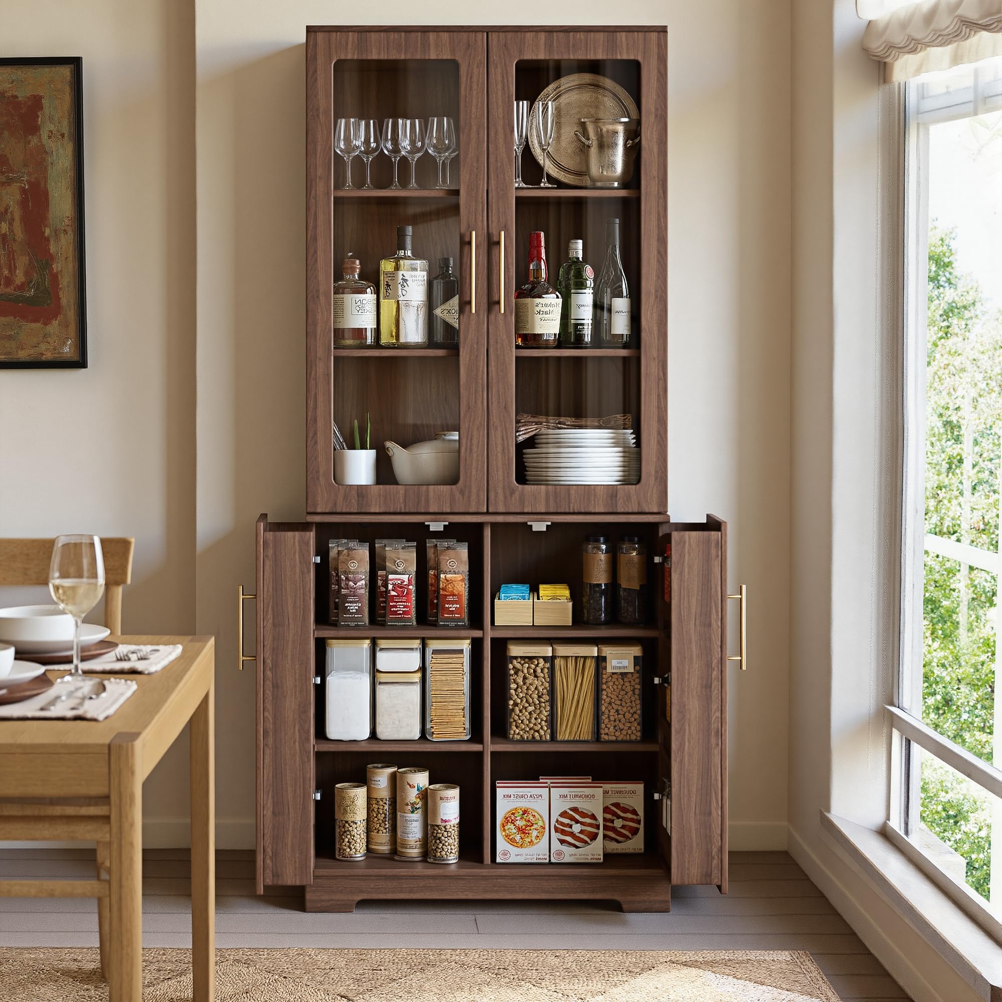 Tall Pantry Cabinet with Glass Doors 77" Kitchen Storage