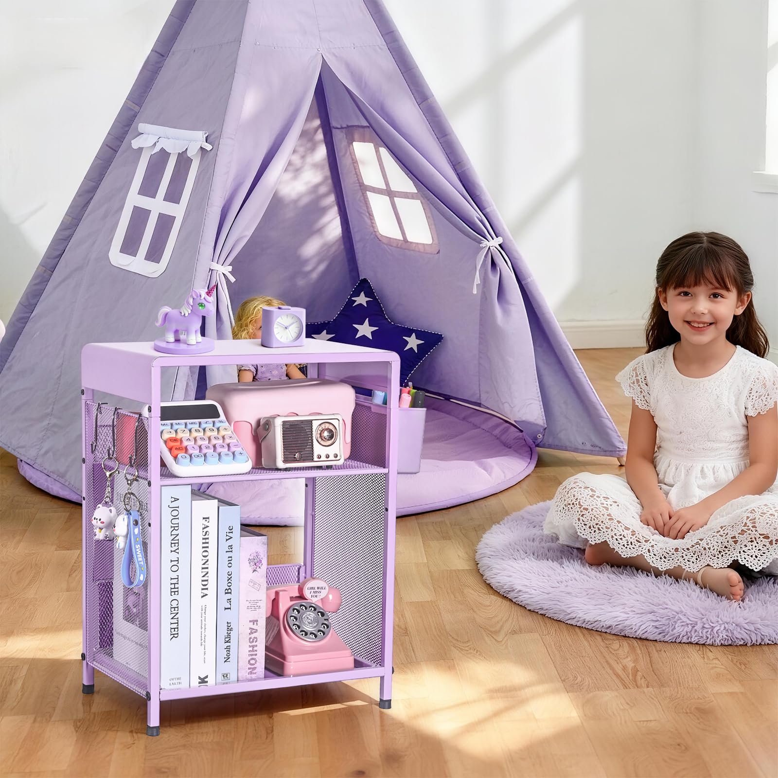 Purple Kids Nightstand 3-Tier Small Side Table