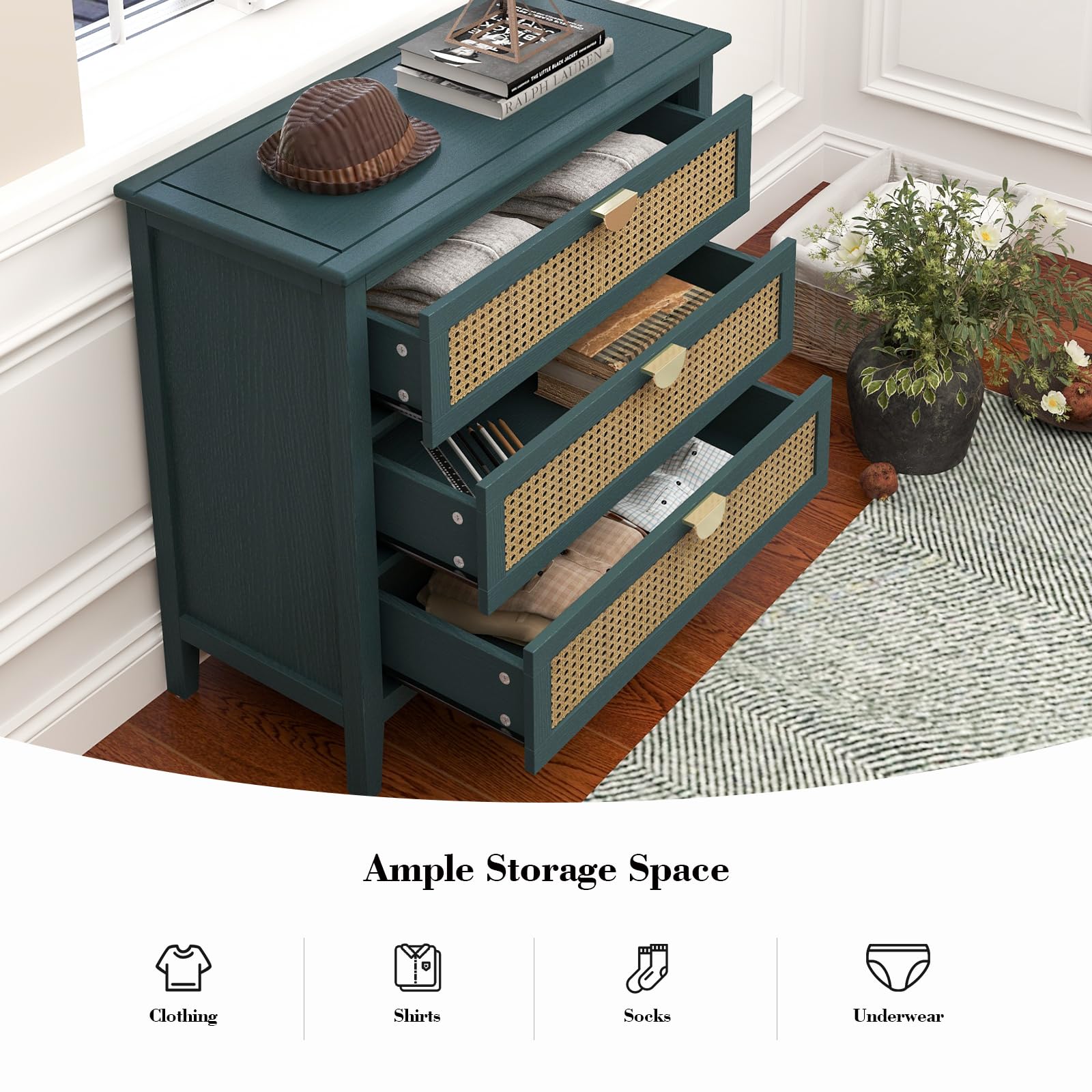 Rattan 3 Drawer Dresser - Modern Wood Chest with Storage