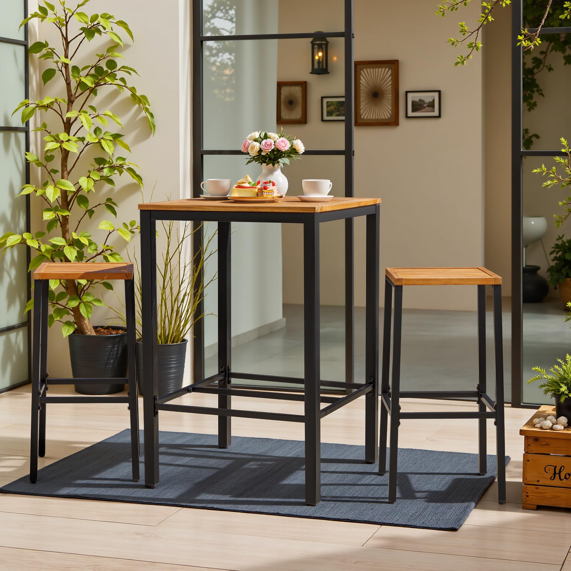 Acacia Wood Outdoor Patio Bar Set with 2 Stools