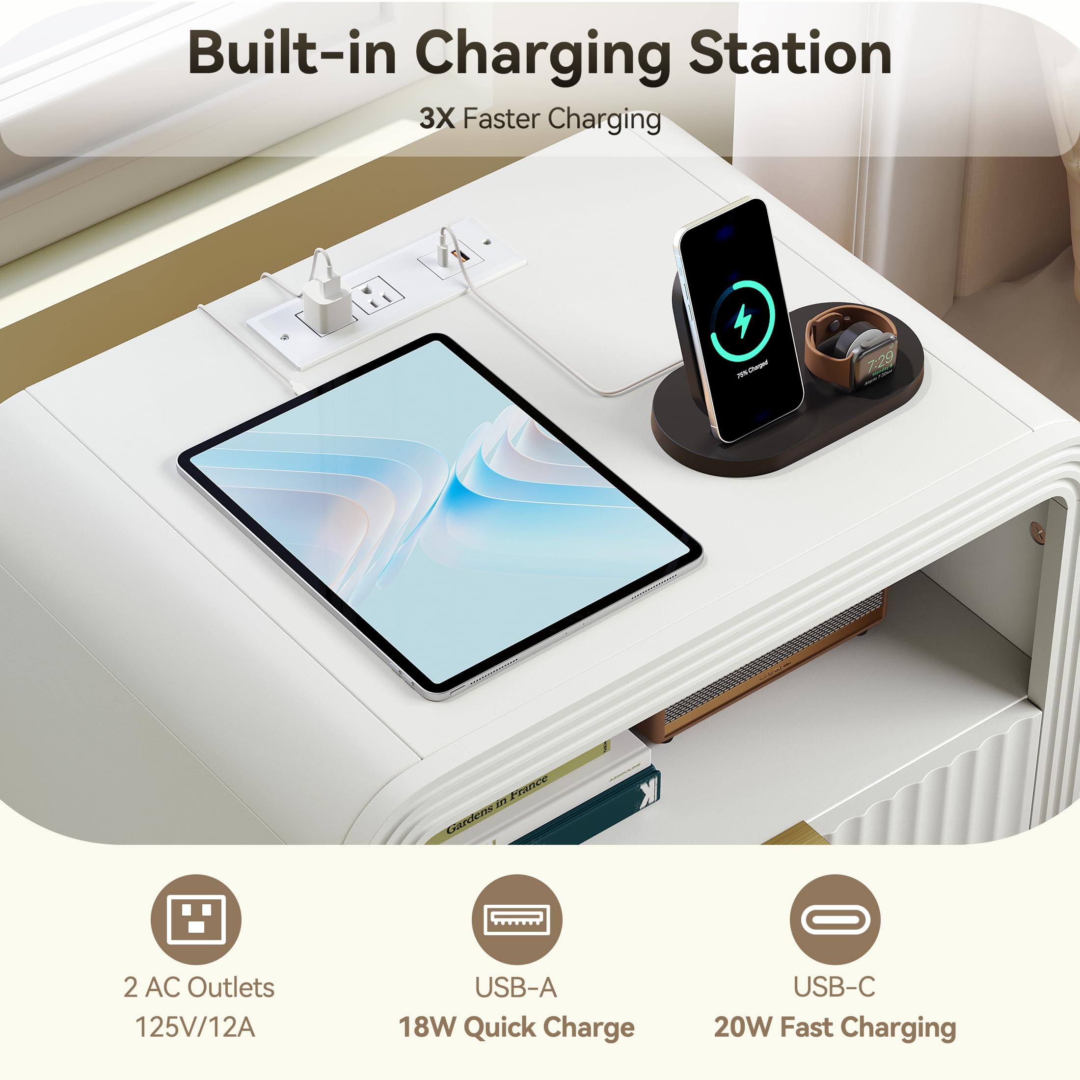 Fluted Nightstand with Charging Station
