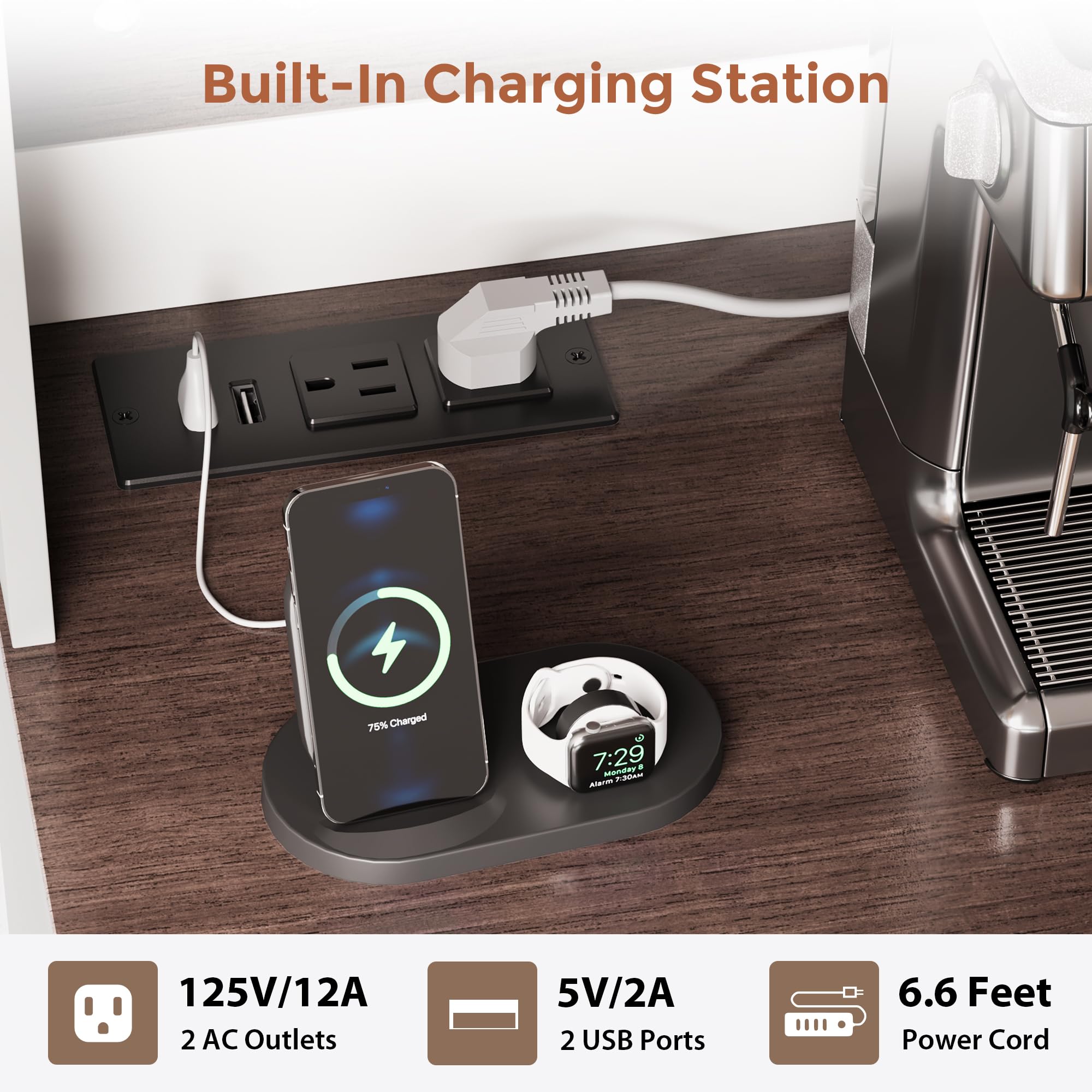 Coffee Bar Cabinet with Power Outlet & LED Light