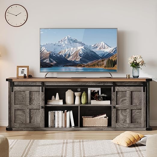 70 in TV Stand with Sliding Barn Doors and Storage Cabinets