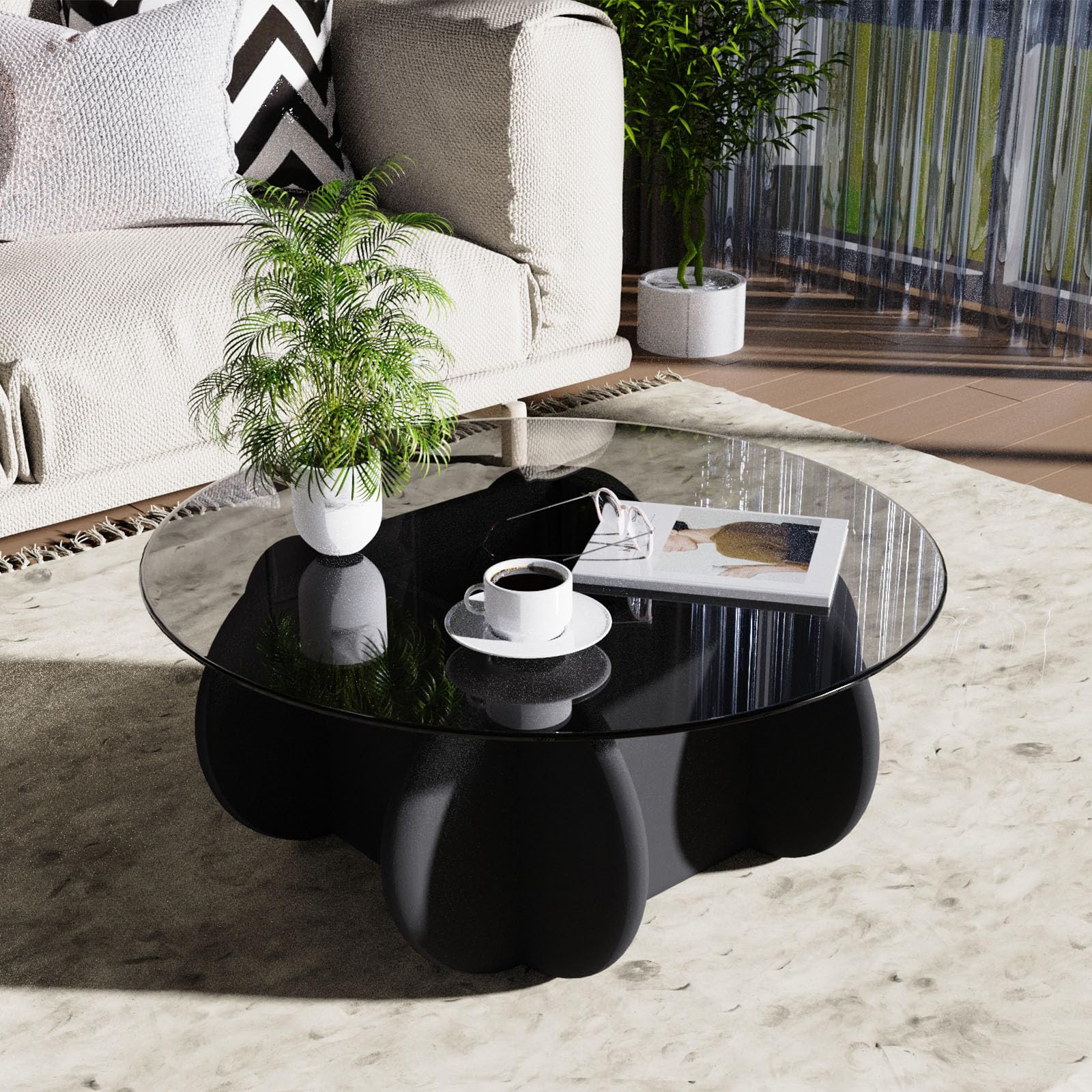 Round Glass Coffee Table with Wood Legs