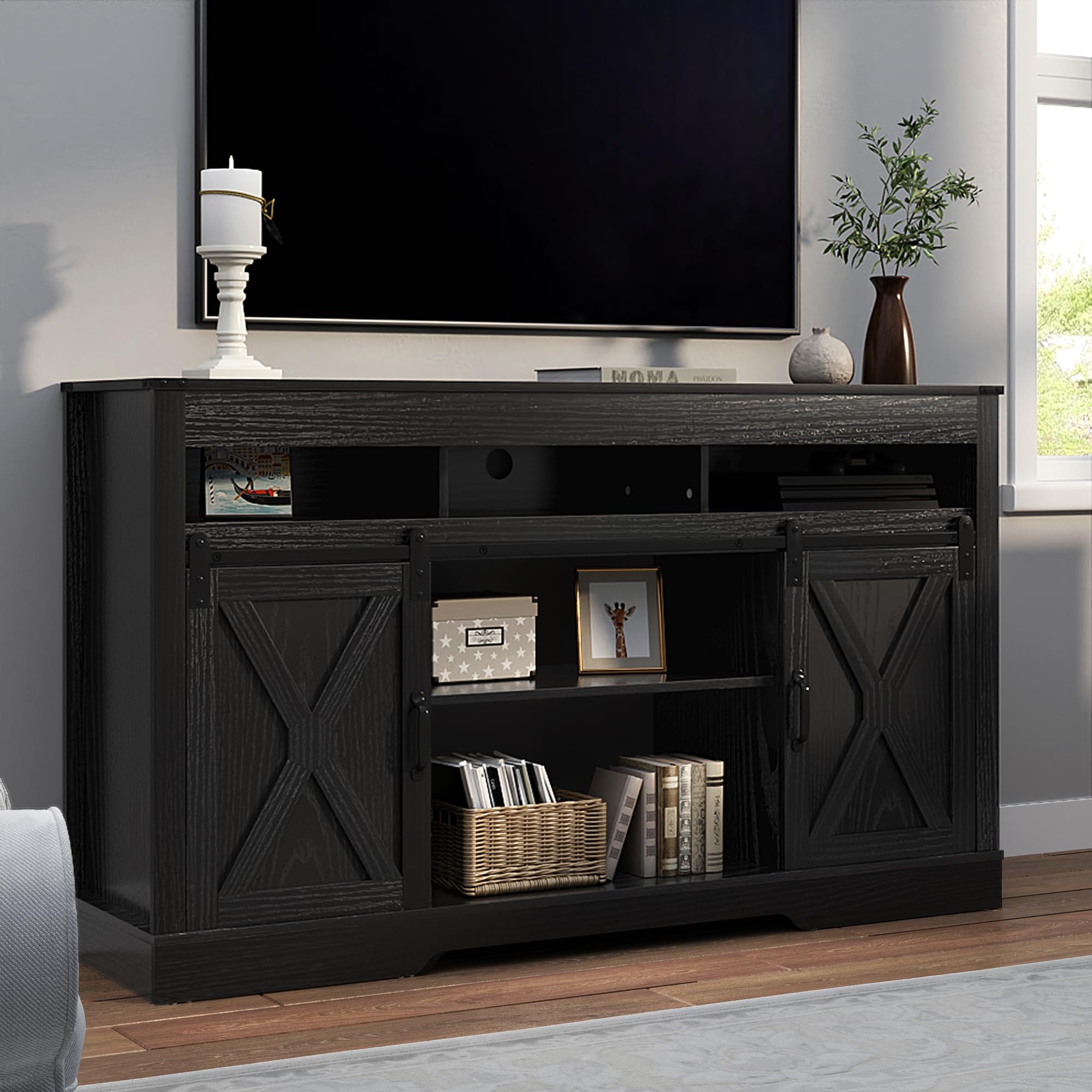Farmhouse TV Stand for 65+ Inch TV with Storage Cabinets and Sliding Barn Doors