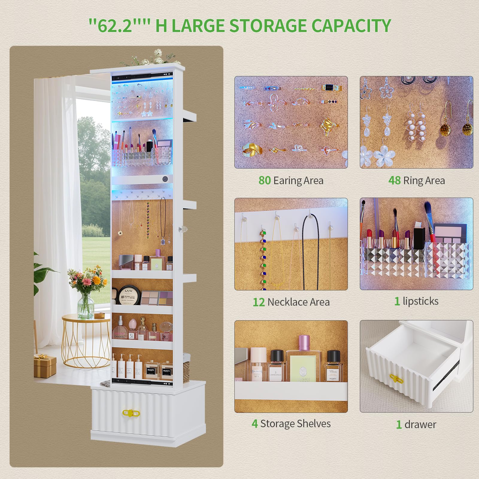 Full Length Mirror Jewelry Cabinet with LED Lights and Storage