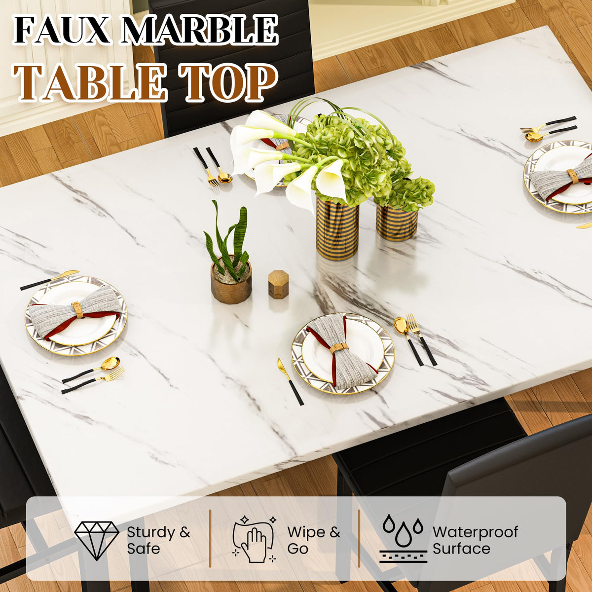 5-Piece Faux Marble Dining Table Set with 4 Upholstered Chairs