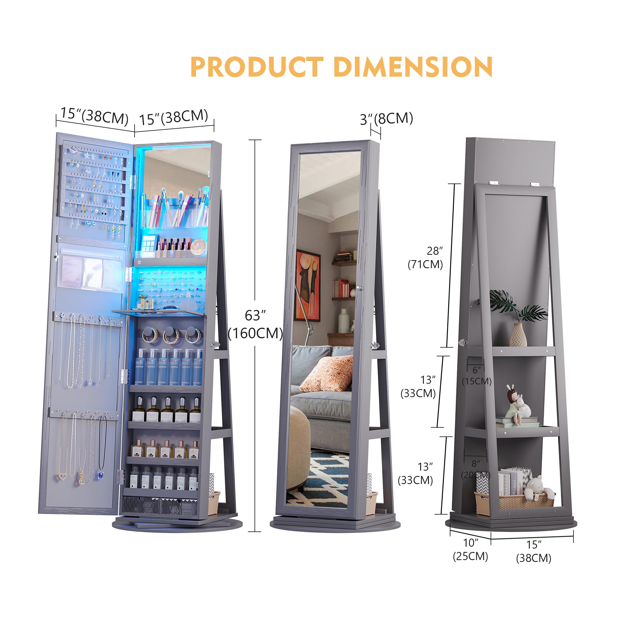 360° Rotating Full Length Mirror Jewelry Armoire with Storage