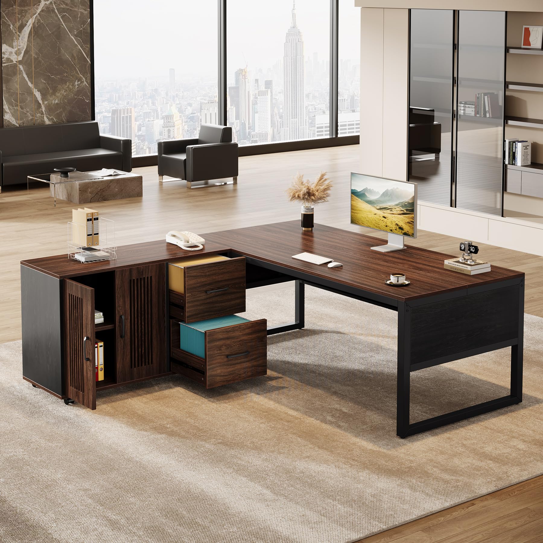 63-Inch L-Shaped Executive Desk with Mobile File Cabinet