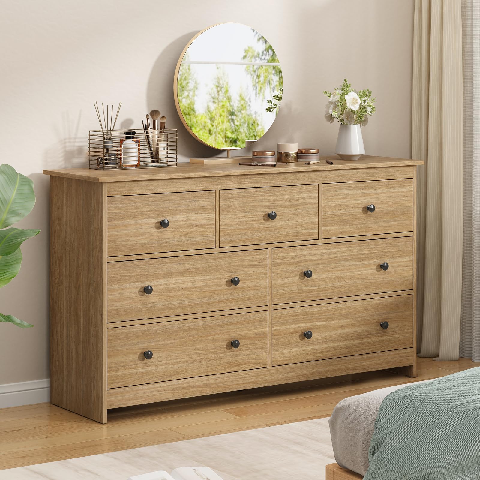 7 Drawer Dresser 55 Inch Wide Natural Wood Chest