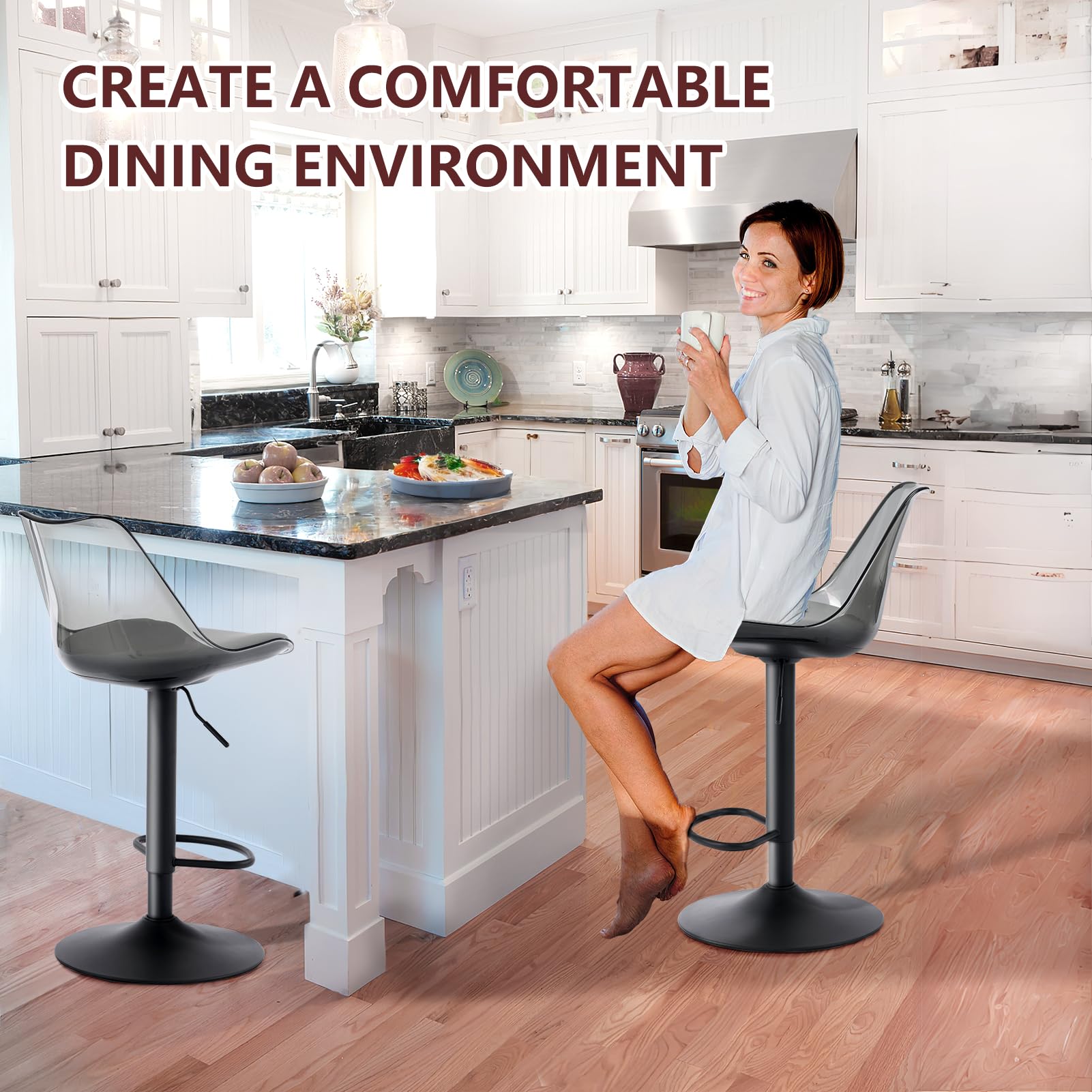 LOVSPATIO Clear Bar Stools Set of 2, Counter Height Adjustable Swivel Acrylic Bar Stools with PU Leather Upholstered, Armless Bar Stools for Kitchen Island - Grey/Black