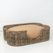 Scalloped Woven Rattan Dog Bed with Washable Cushion