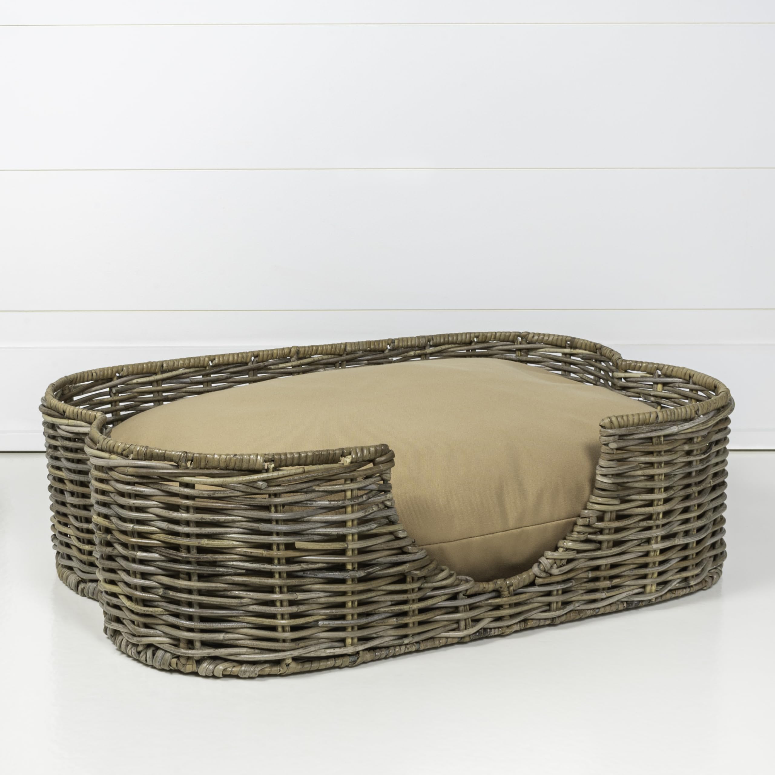 Scalloped Woven Rattan Dog Bed with Washable Cushion