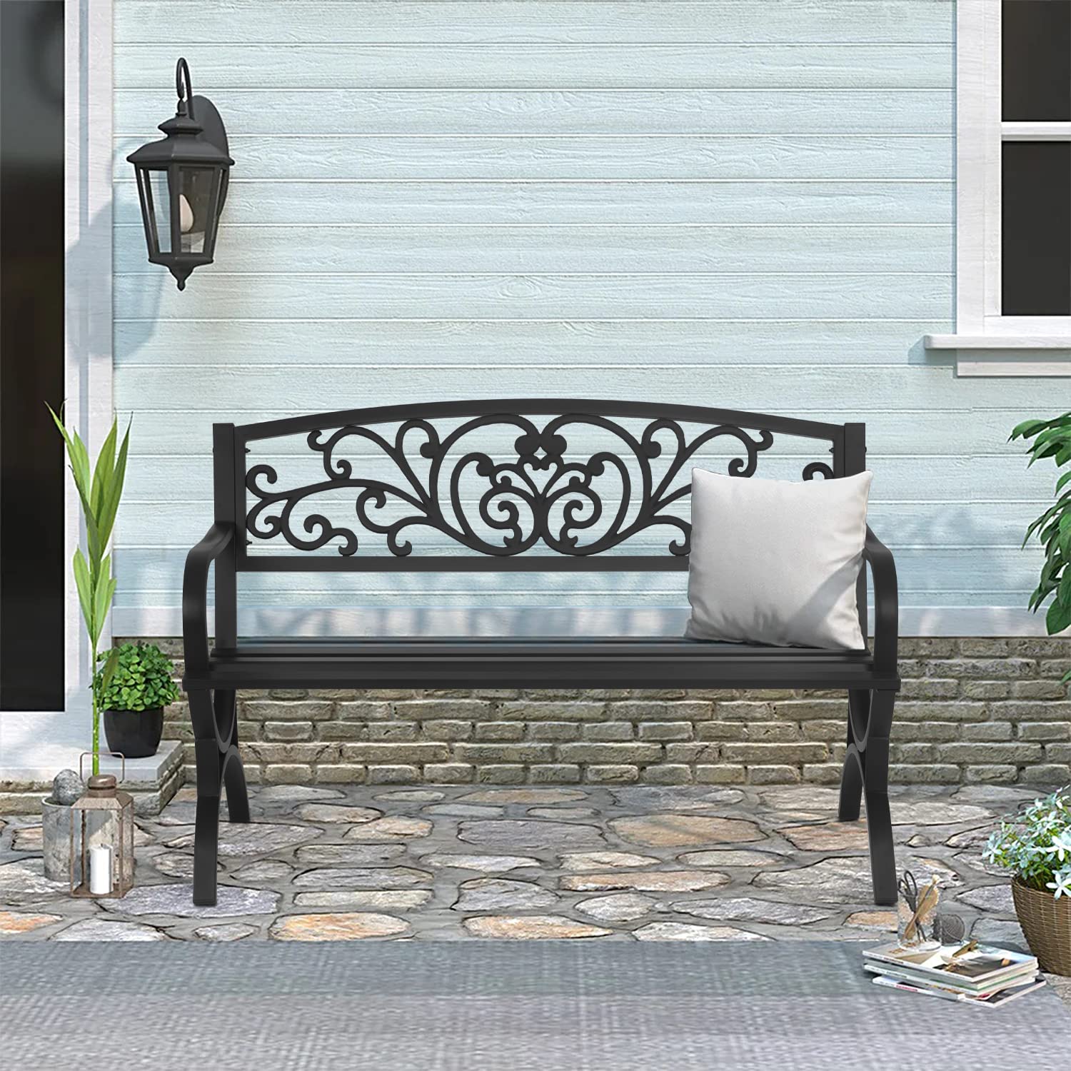 50 Inch Outdoor Metal Loveseat with Floral Backrest
