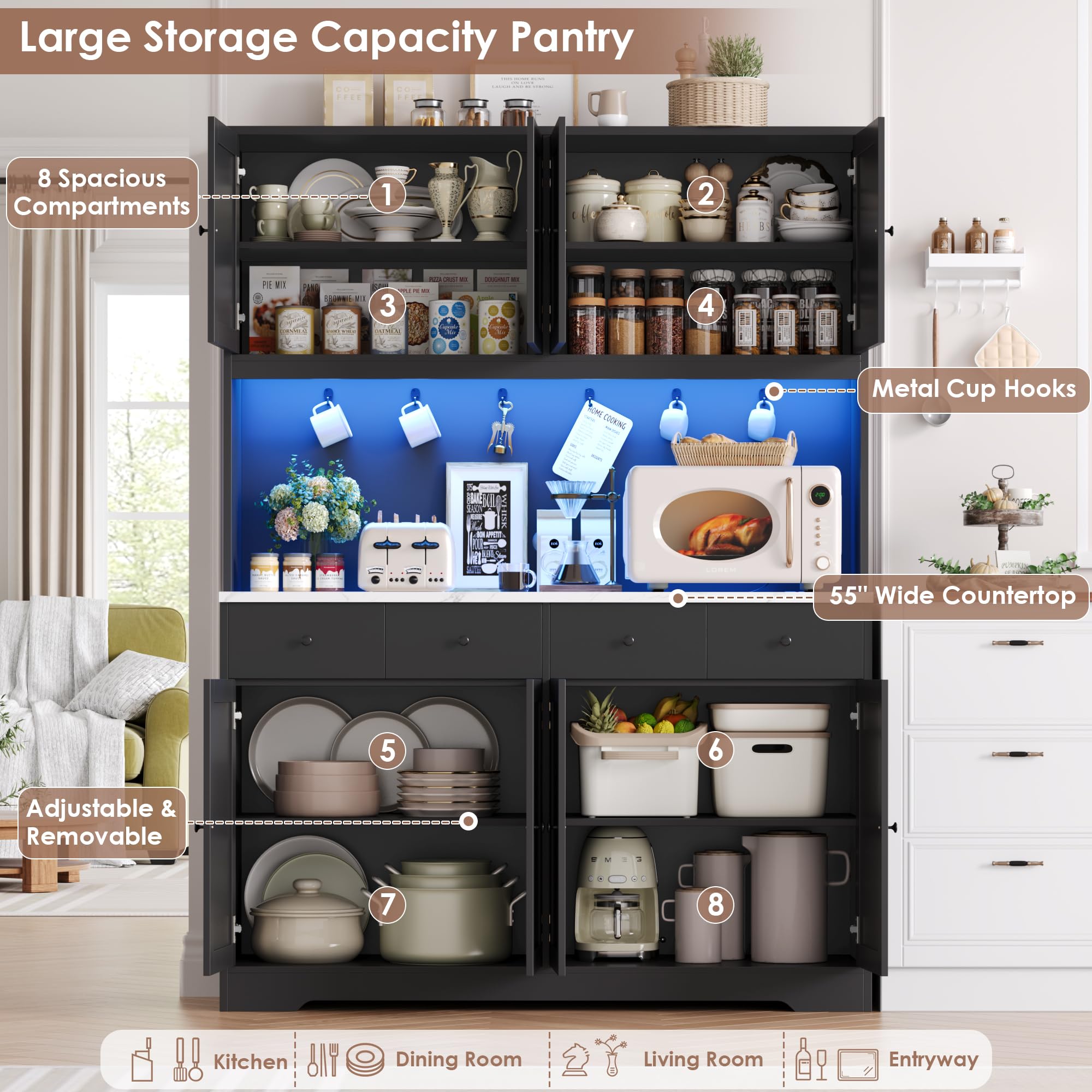 LED Kitchen Pantry Cabinet with Power Outlet