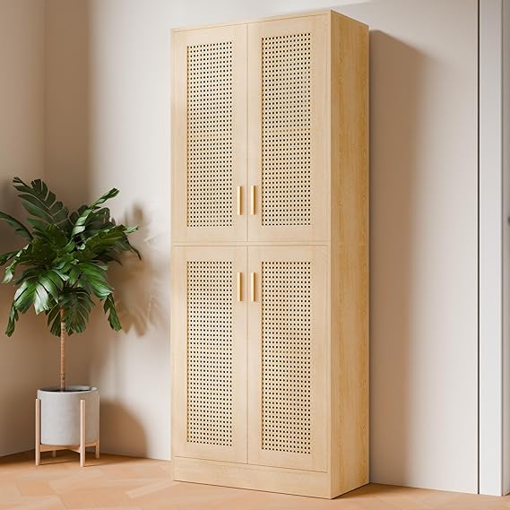 Tall Rattan Storage Cabinet with Adjustable Shelves