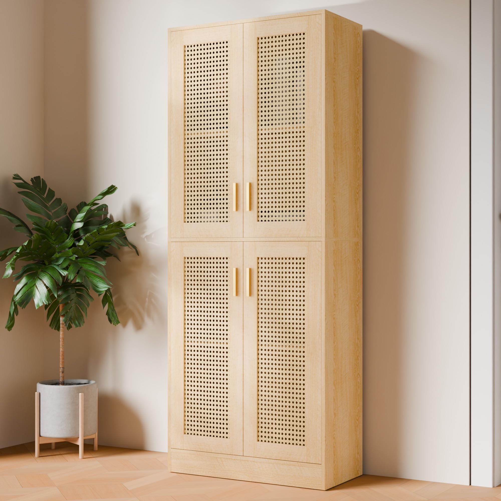 Tall Rattan Storage Cabinet with Adjustable Shelves