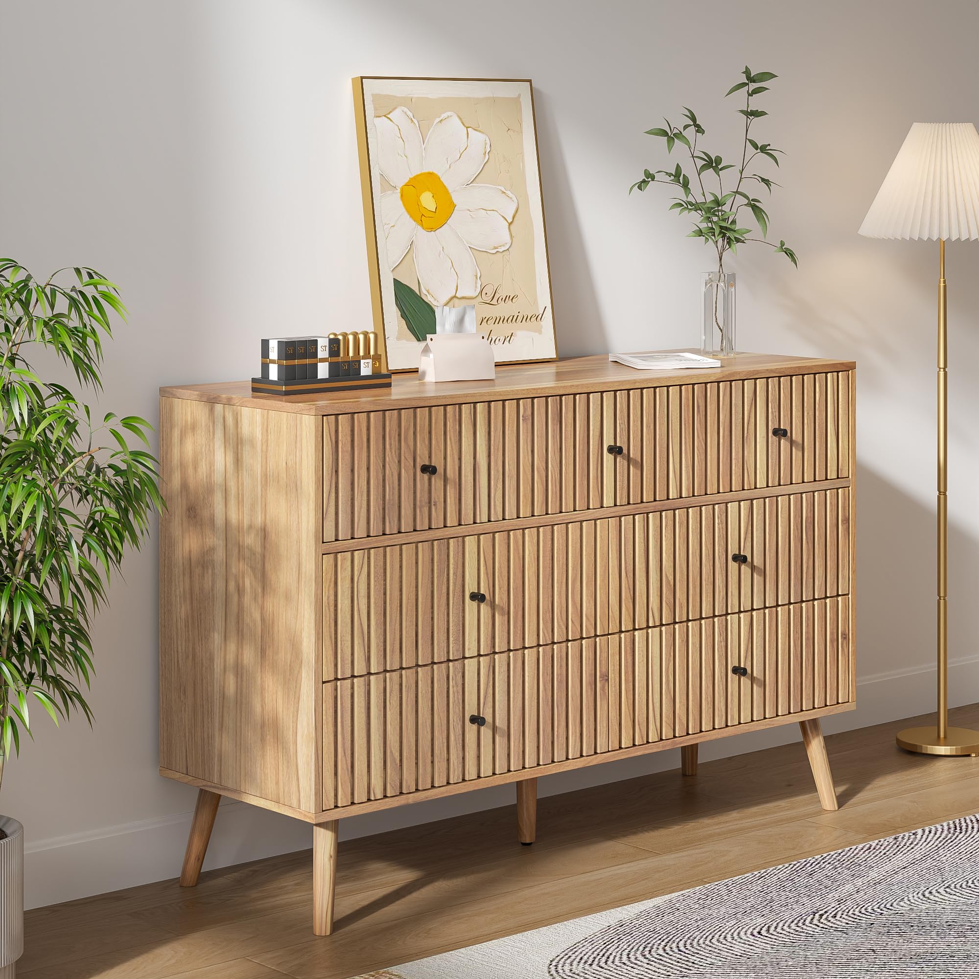 Fluted 7 Drawer Dresser with Black Handles