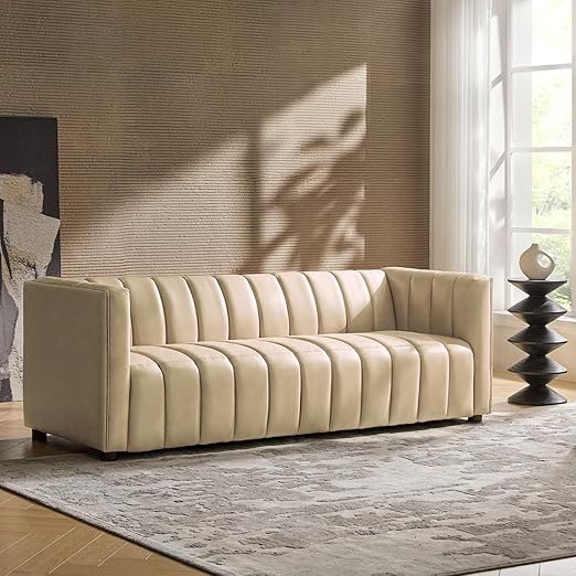 83" Genuine Leather Channel Tufted Sofa
