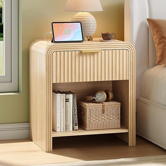 Fluted Nightstand with Charging Station