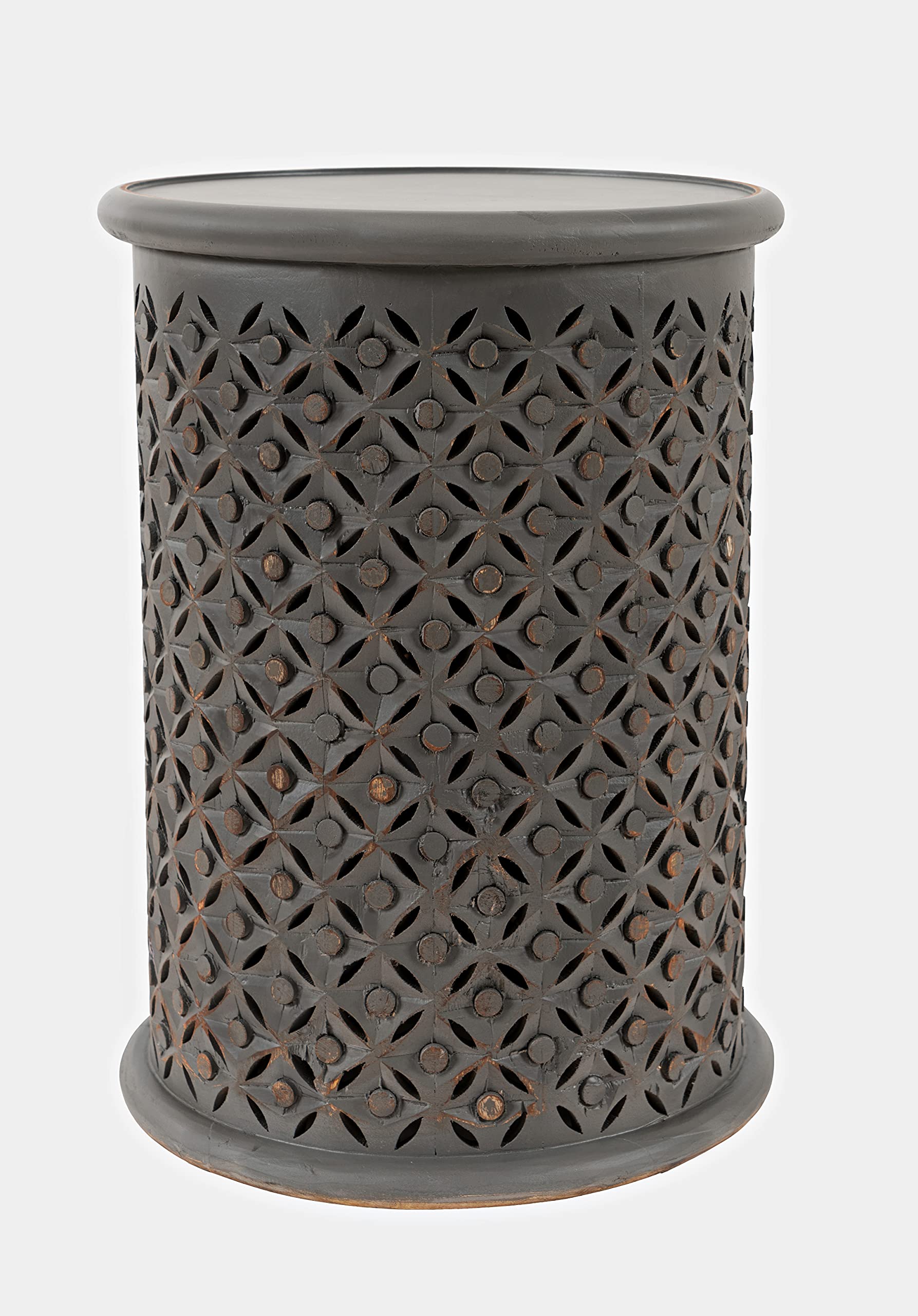 Jofran Global Archive Mango Wood Handcrafted Solid Hardwood Drum Table, 17" W X 17" D X 23" H, Grey Finish, (Set of 1), Antique Gray